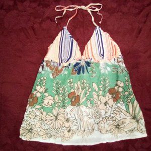Blue Plate Striped Floral Babydoll Halter Top